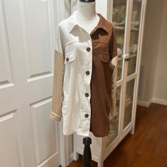Colorblock Ribbed Button-Up Shacket - Brown, Cream & White - Picture 2 of 5